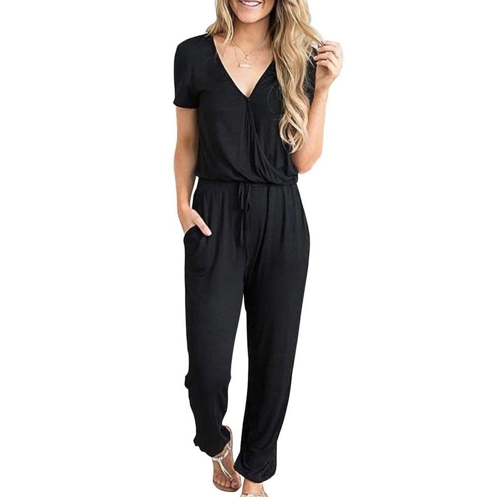 PrettyGarden Womens Black Short Sleeve Wrap V-Neck Drawstring Jumpsuit Small NWT